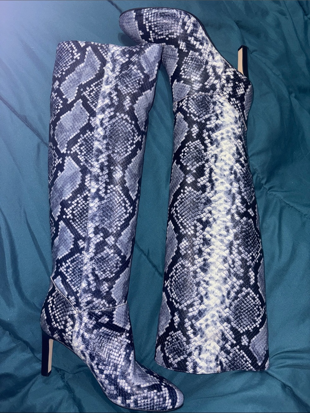 Marc Fisher Black & White Snake-Print Knee-High Stiletto Boots- 6.5 + Free Dusty